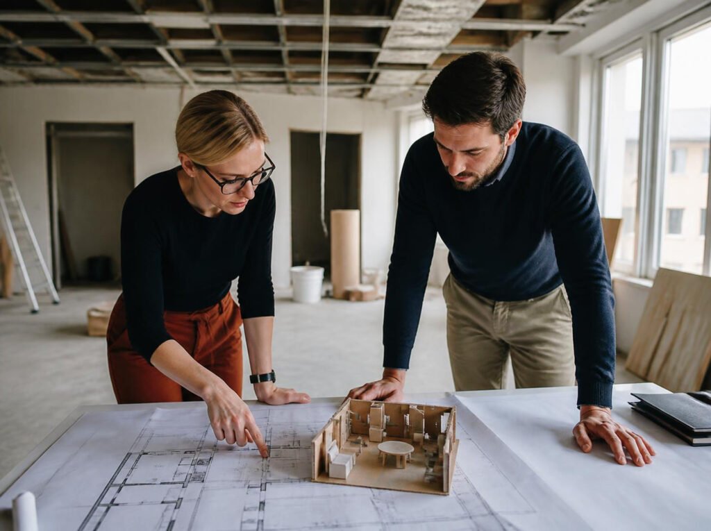 Ergonome et architecte étudiant les plans d'un futur espace de travail