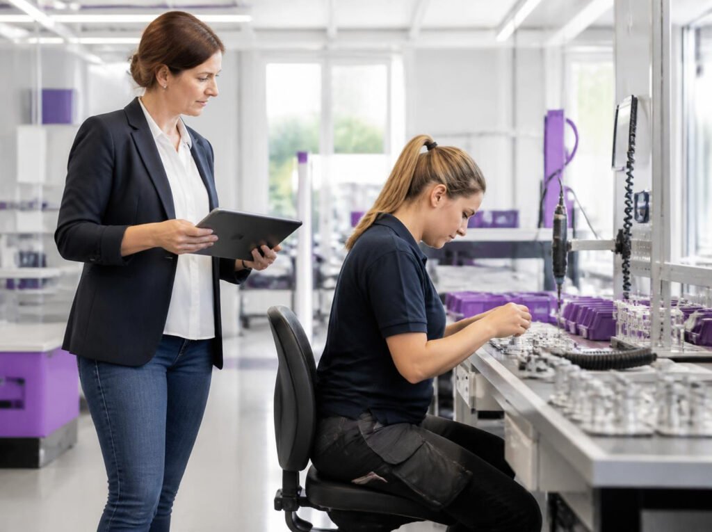 Ergonome analysant un poste de travail en atelier