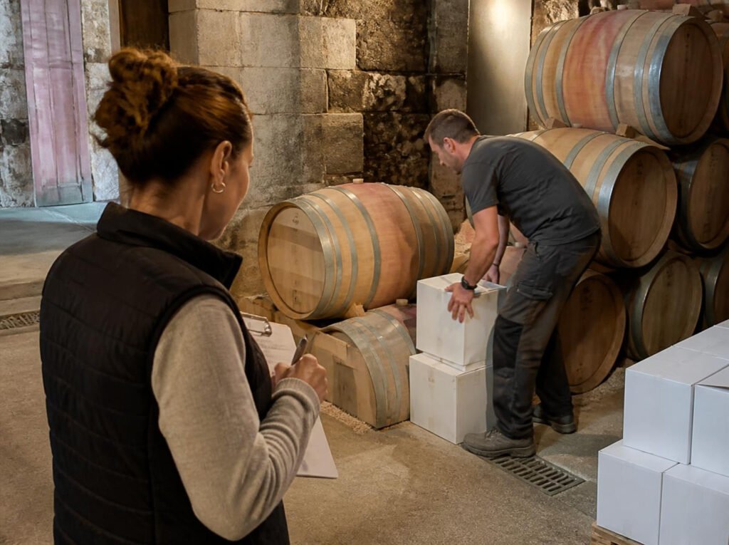 Ergonome observant la manutention de caisses et de barriques dans un chai près de Bordeaux