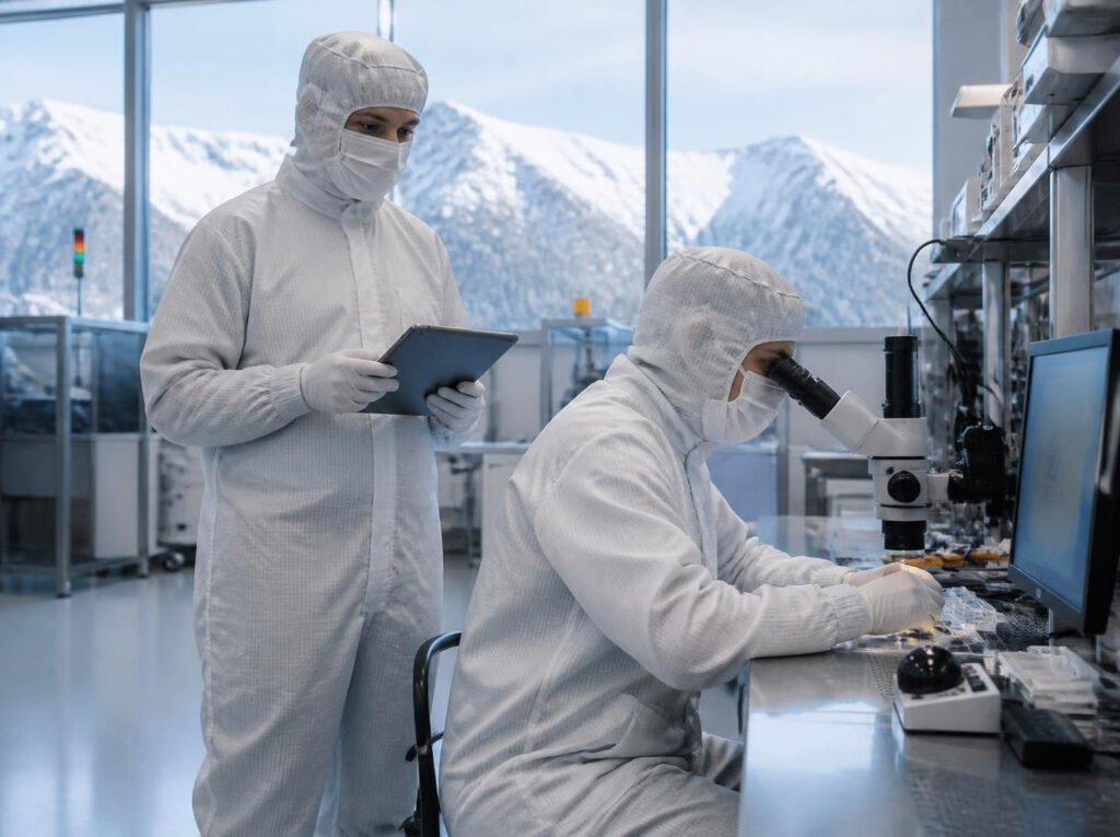 Ergonome observant un technicien en salle blanche dans une usine de microélectronique près de Grenoble