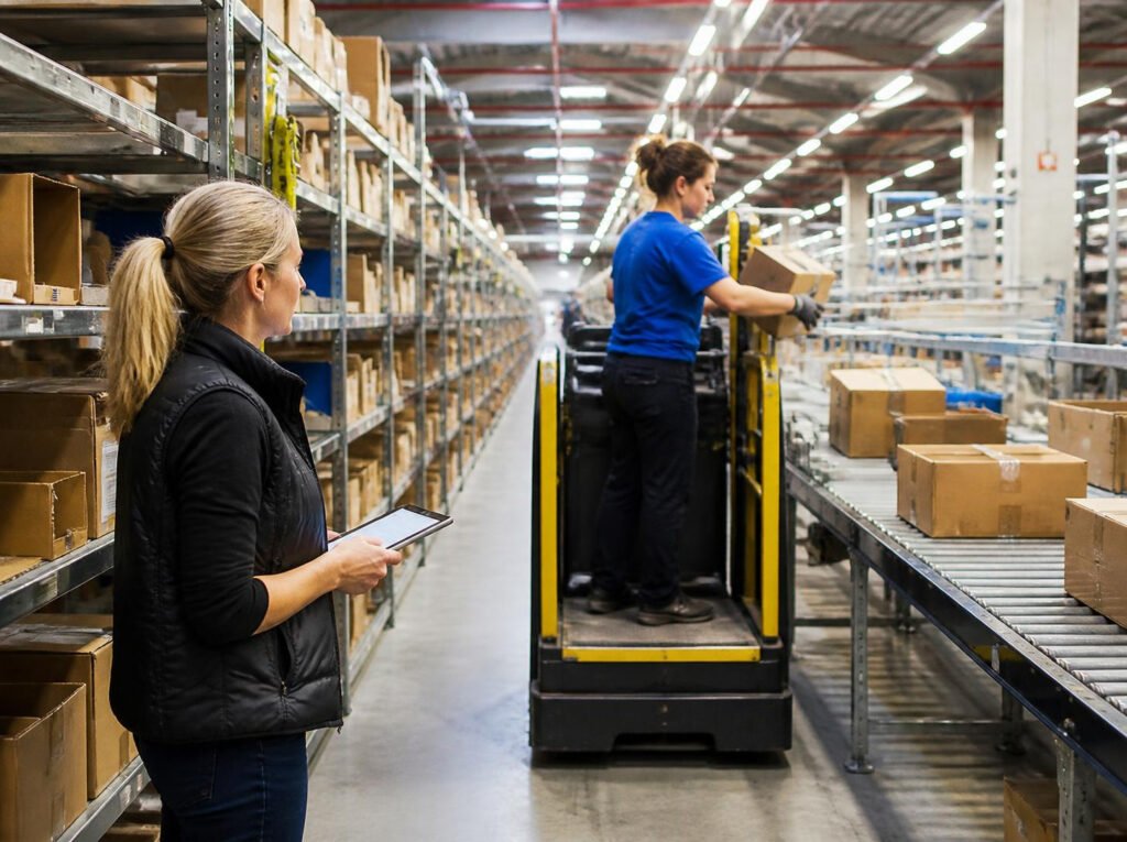Ergonome observant un préparateur de commandes dans un entrepôt e-commerce près de Lille
