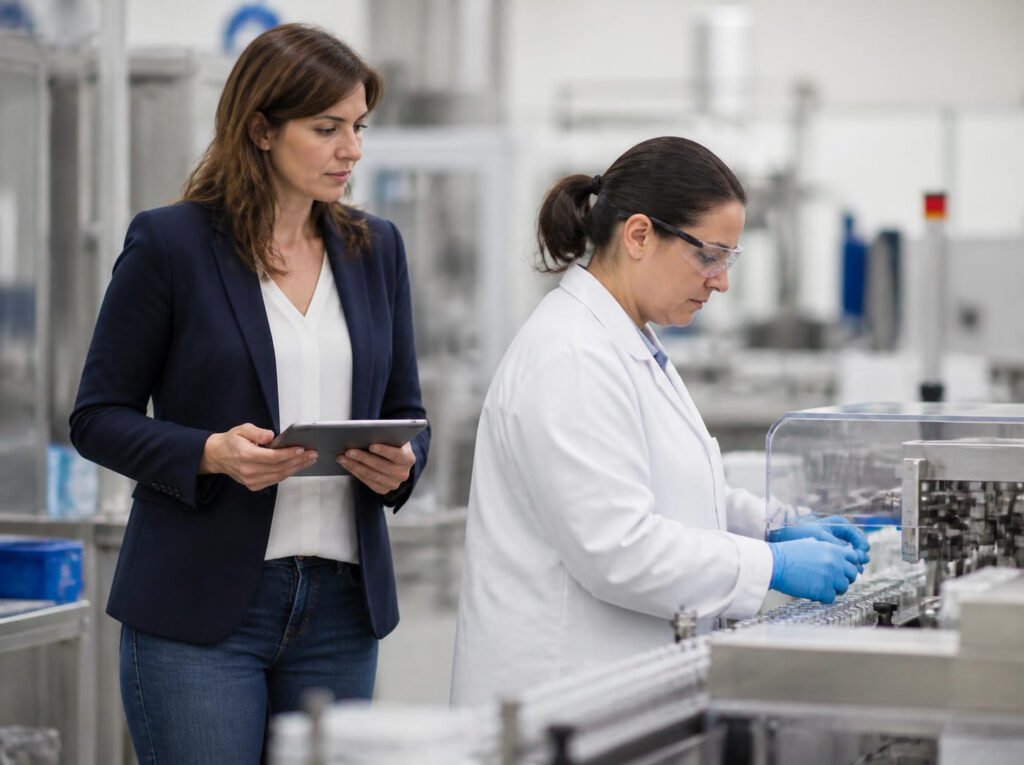 Ergonome observant un poste en laboratoire pharmaceutique à Lyon