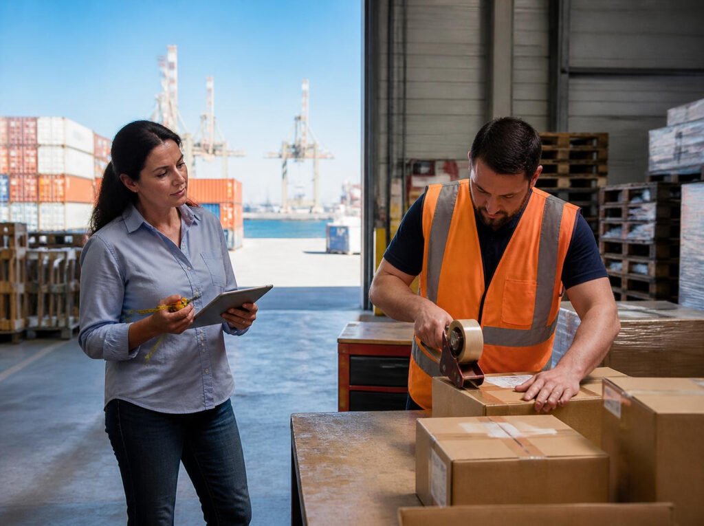 Ergonome observant un préparateur de commandes dans un entrepôt logistique près du port de Marseille