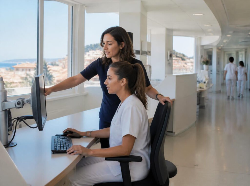 Ergonome réglant le poste informatique d'une infirmière dans un établissement de santé à Montpellier