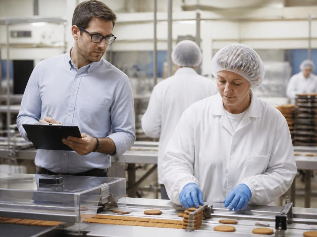 Ergonome observant une opératrice sur une ligne de conditionnement agroalimentaire près de Nantes