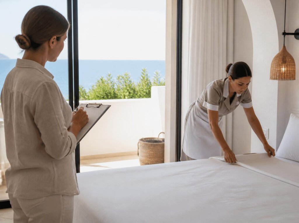 Ergonome observant une femme de chambre dans un hôtel de la Côte d'Azur