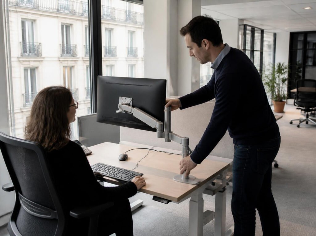 Ergonome réglant un écran dans un bureau en flex office à Paris