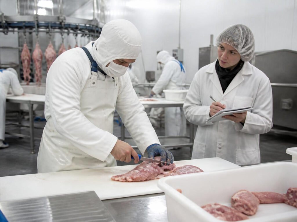 Ergonome observant un opérateur de découpe dans une usine agroalimentaire en Bretagne