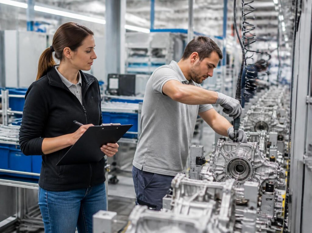 Ergonome observant un opérateur sur une ligne d'assemblage industrielle en Alsace