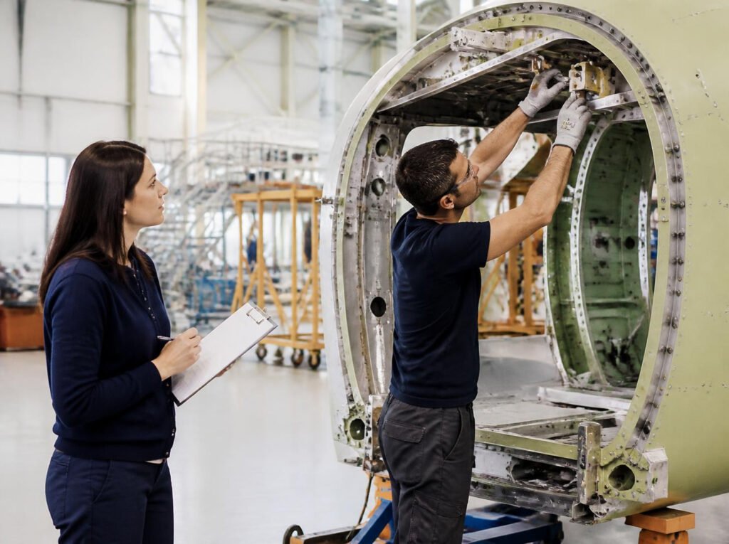 Ergonome observant un technicien sur un poste d'assemblage aéronautique près de Toulouse