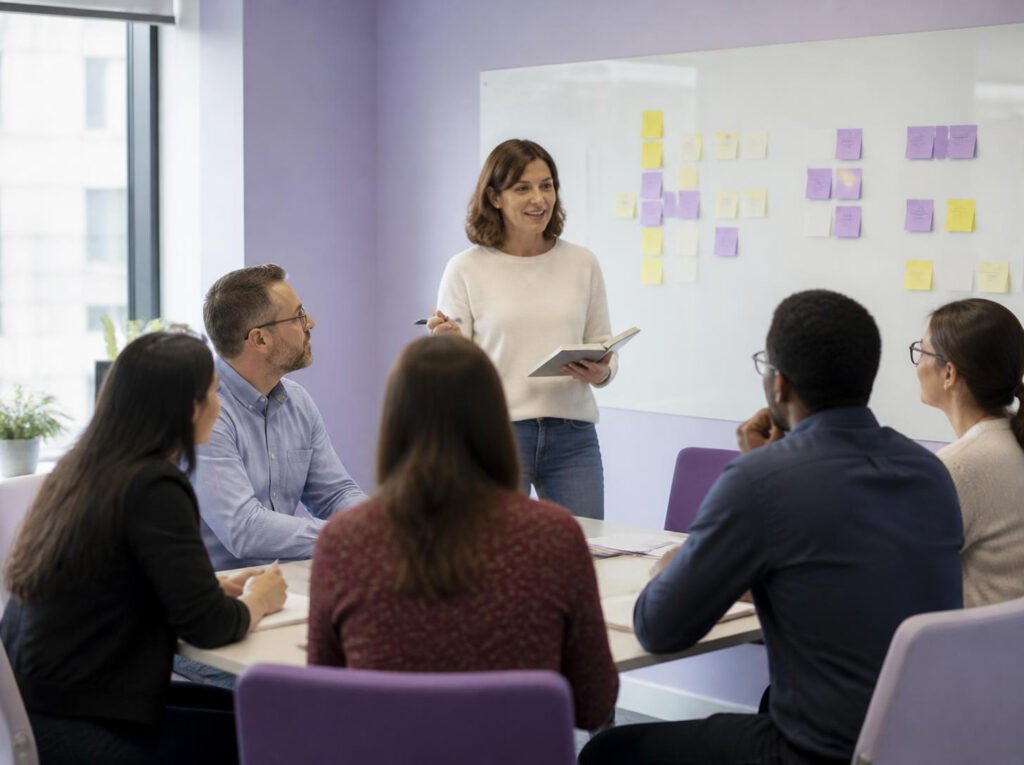 Ergonome animant un atelier participatif sur l'organisation du travail lors d'un diagnostic RPS