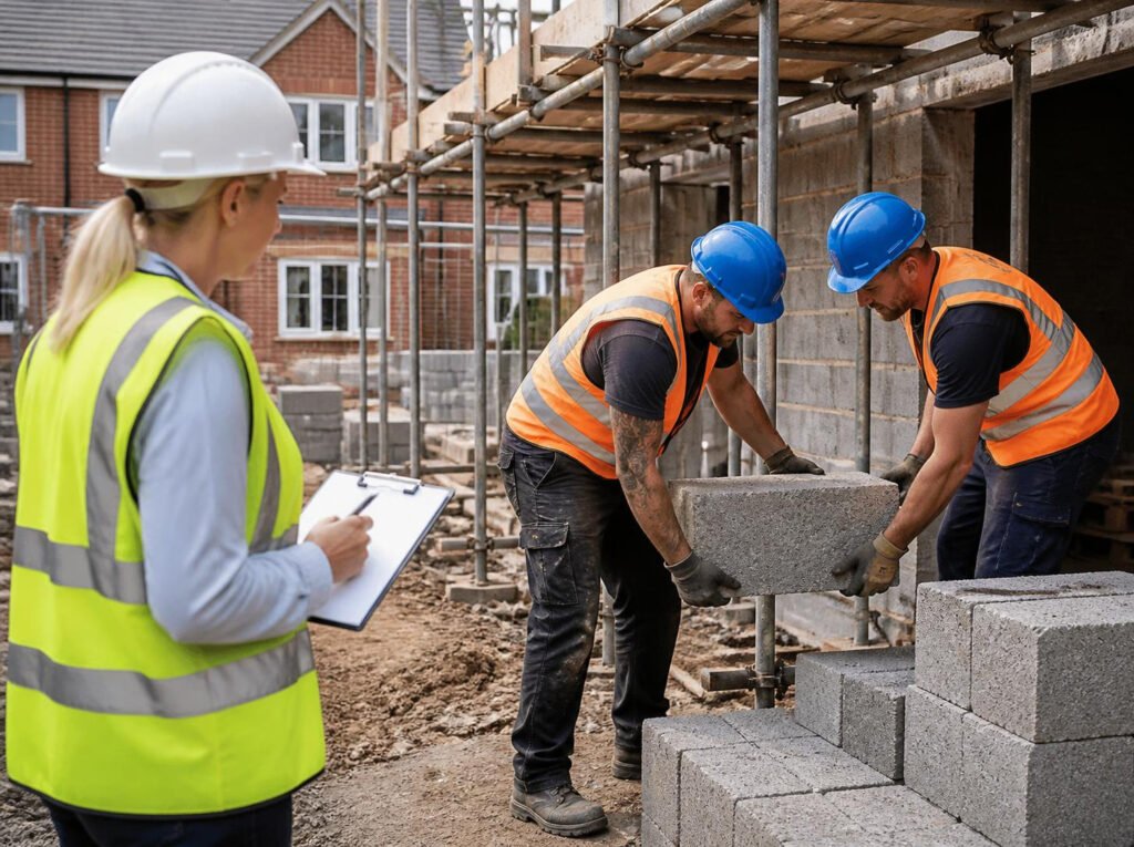 Ergonome observant des ouvriers qui posent des blocs de béton sur un chantier