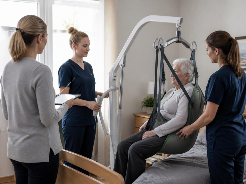 Ergonome observant deux aides-soignantes utilisant un lève-personne dans une chambre d'EHPAD