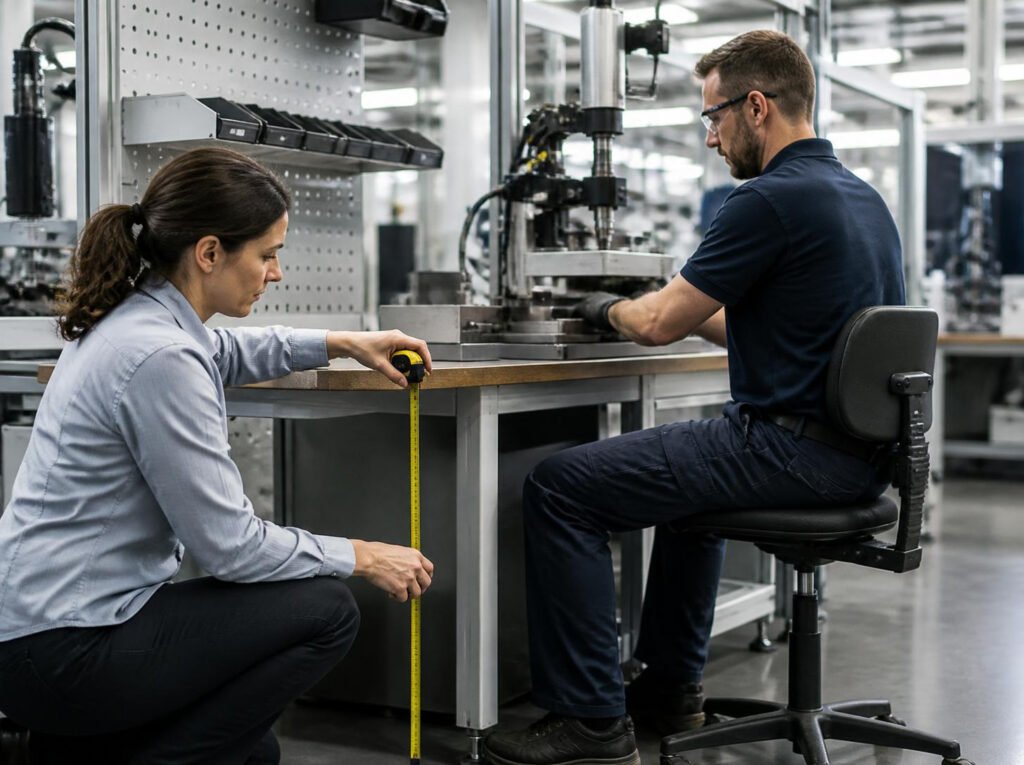 Ergonome mesurant la hauteur d'un plan de travail sur un poste d'assemblage en usine