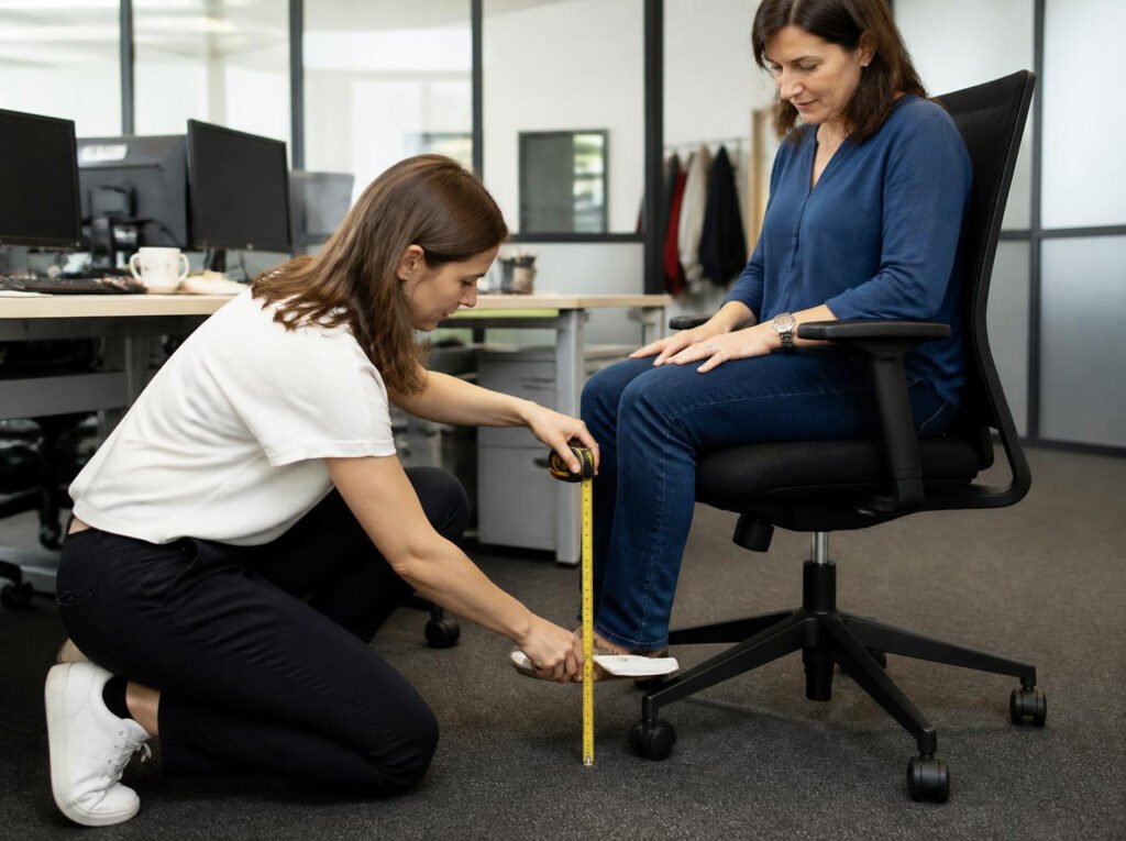 Ergonome mesurant la hauteur d'un siège lors d'une étude de poste