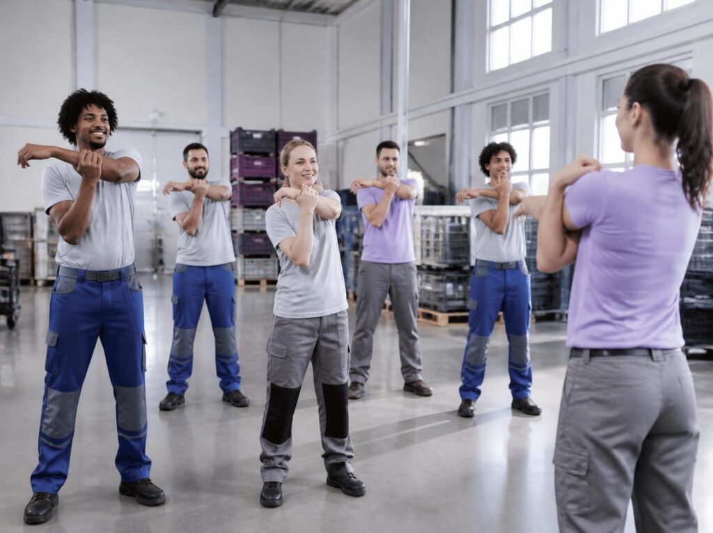 Équipe d'opérateurs réalisant un réveil musculaire avant la prise de poste dans un atelier
