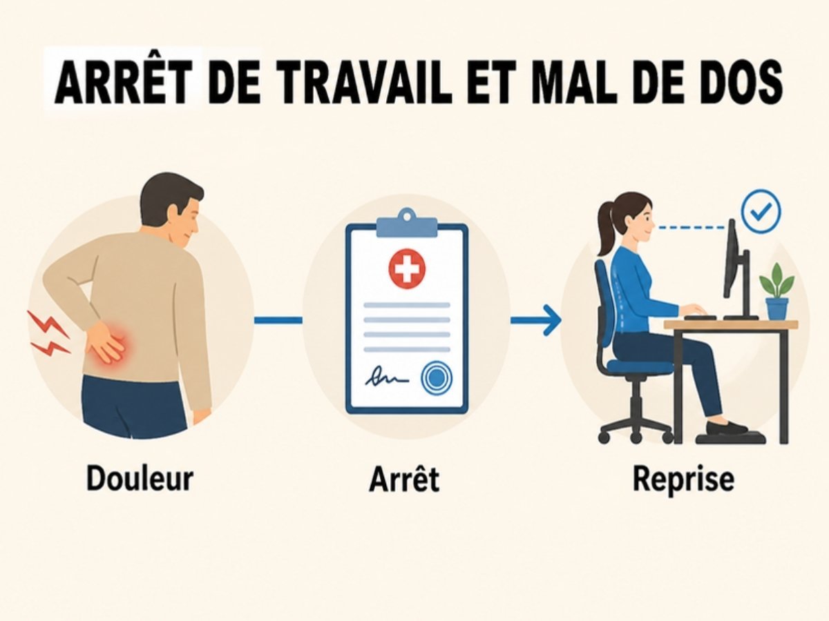 Schéma arrêt de travail et mal de dos : douleur, arrêt, reprise