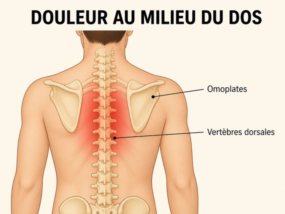 Schéma douleur au milieu du dos : omoplates et vertèbres dorsales