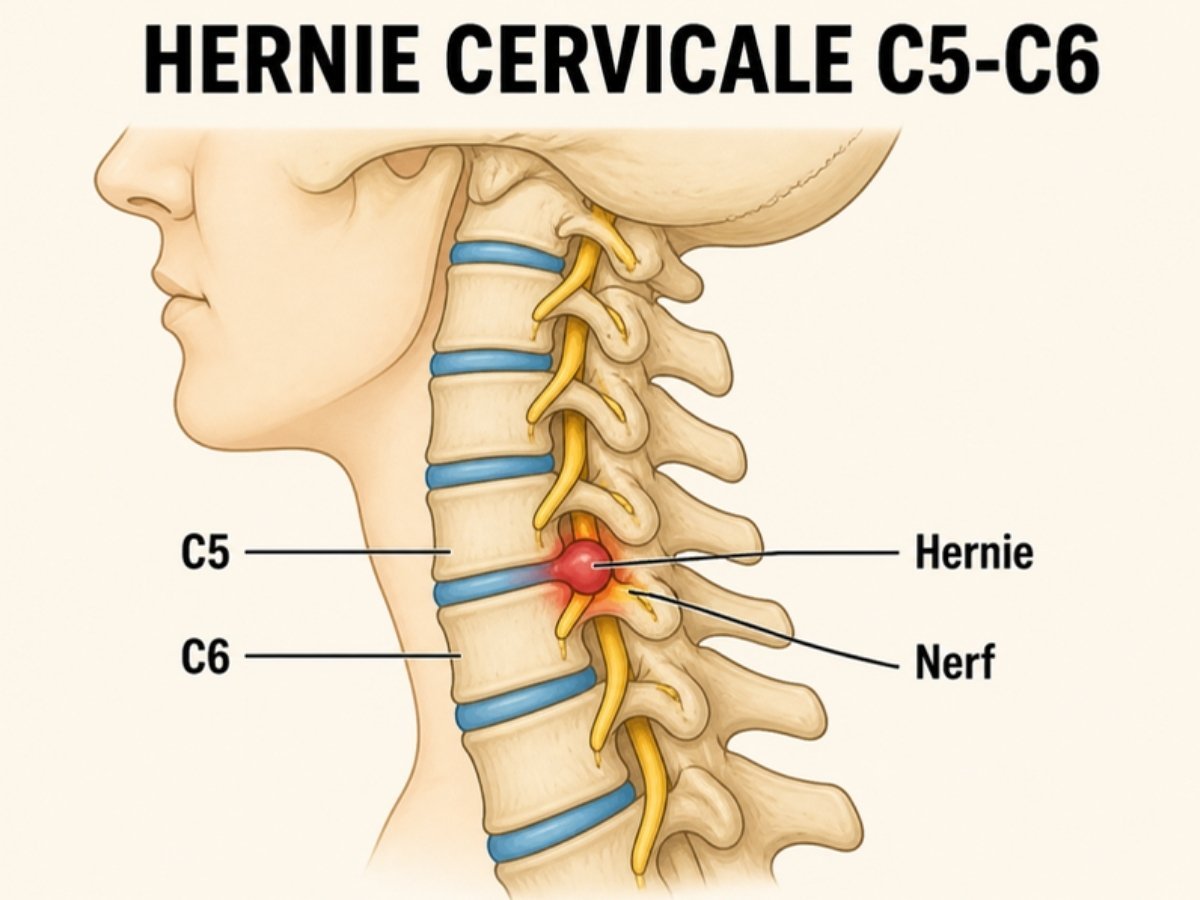 Schéma d’une hernie cervicale C5-C6 comprimant un nerf