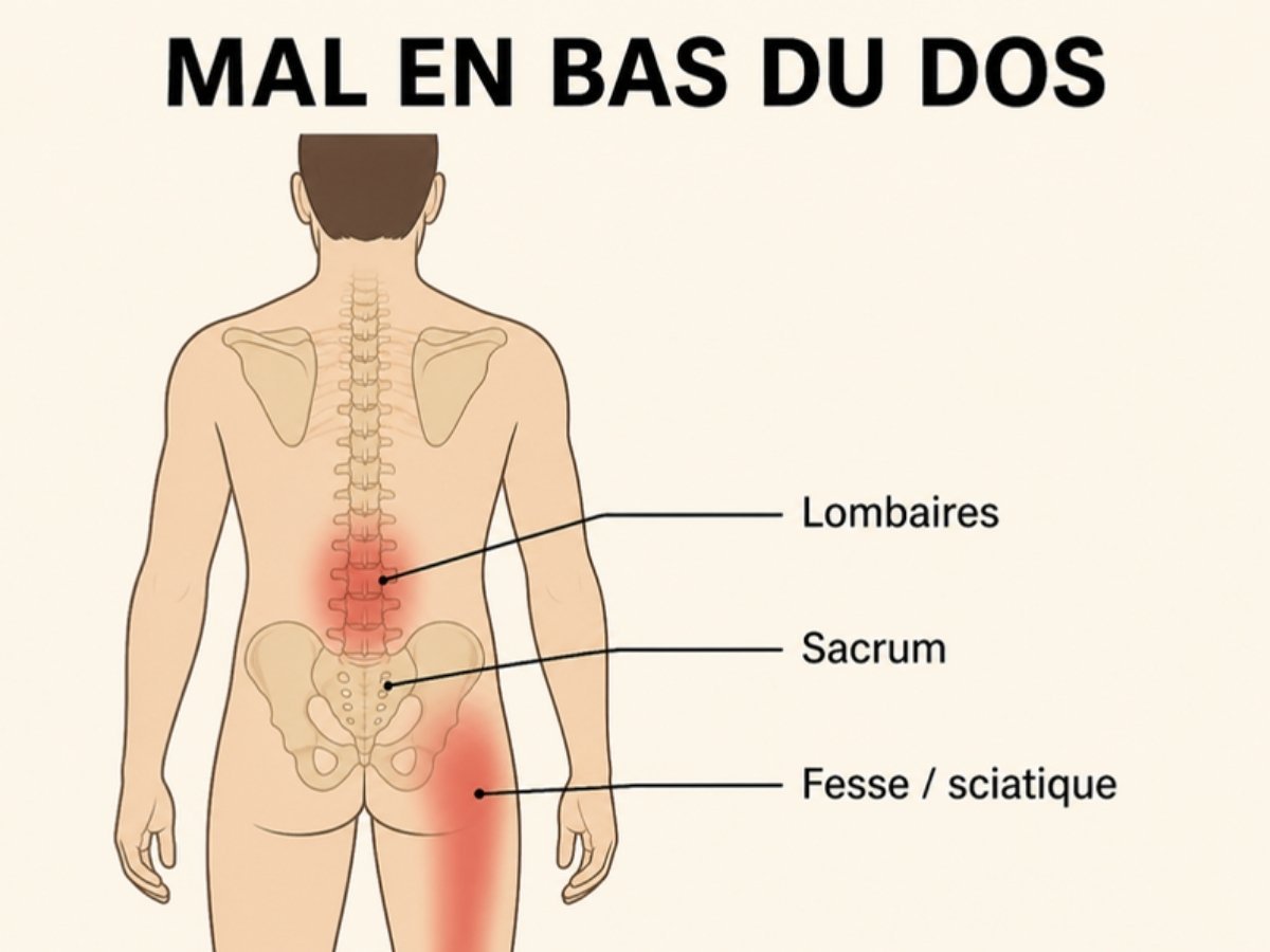 Schéma mal en bas du dos : lombaires, sacrum, sciatique
