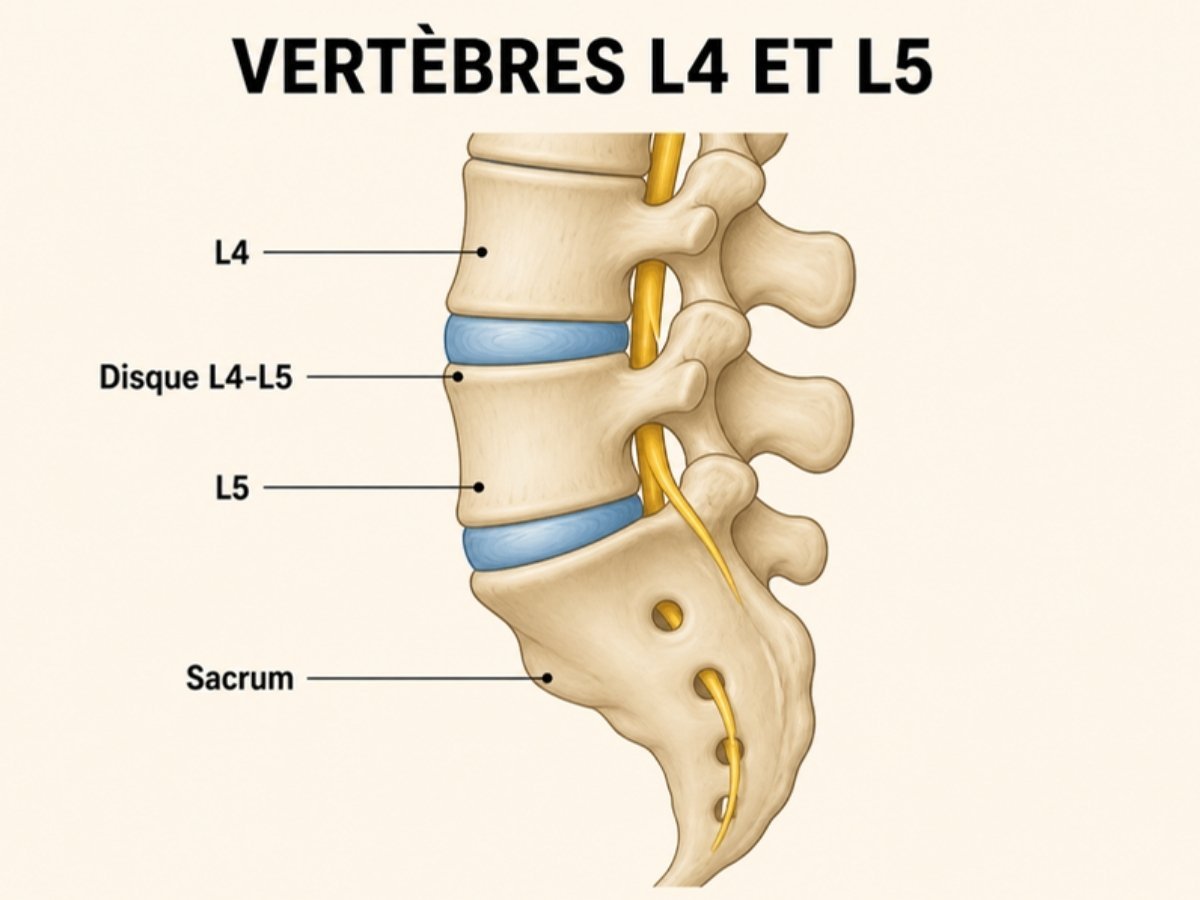 Schéma des vertèbres L4 et L5, du disque L4-L5 et du sacrum
